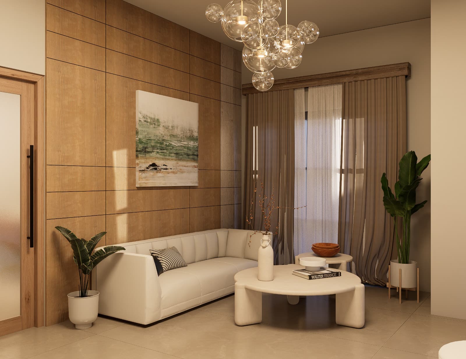 Modern lounge with wood paneling and greenery